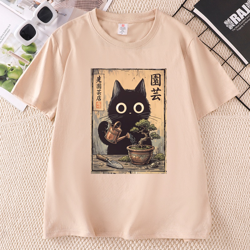 분재 검은 고양이 티셔츠 일본식 티셔츠 캐주얼 반소매  - Bonsai Garden China 리뷰 및 가격