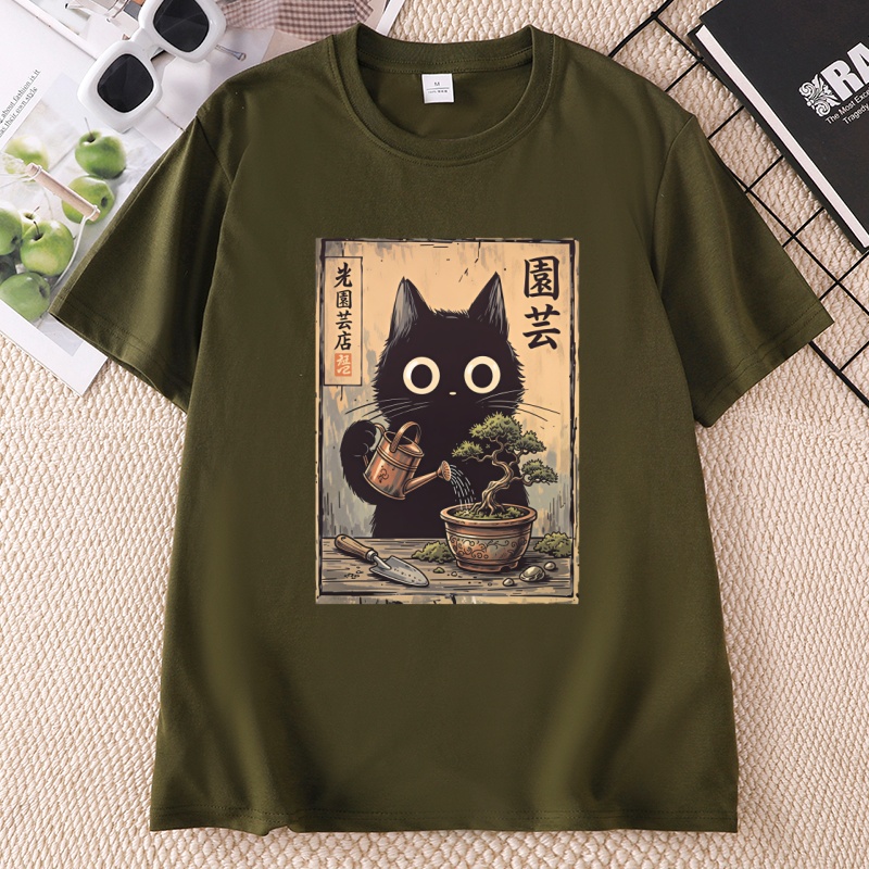 분재 검은 고양이 티셔츠 일본식 티셔츠 캐주얼 반소매  - Bonsai Garden China 리뷰 및 가격